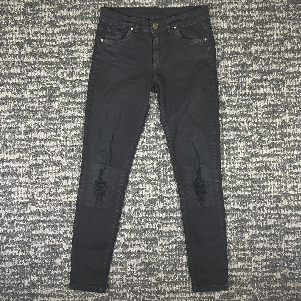 Skinny Jeans Women Size 38 Black Distressed Frayed Knee Faded Denim